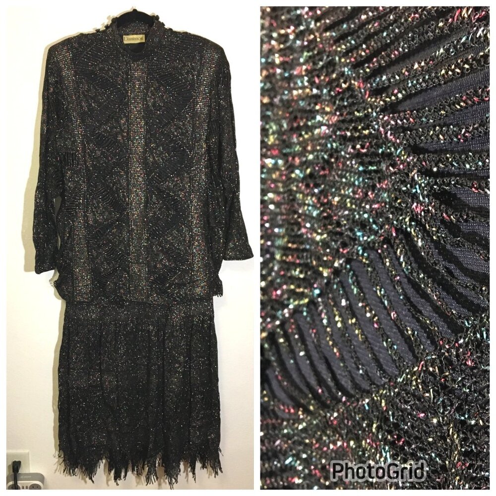 Vintage Black Rainbow Metallic 80s 1920s Dress Flapper Whimsigoth Fringe 70s (10